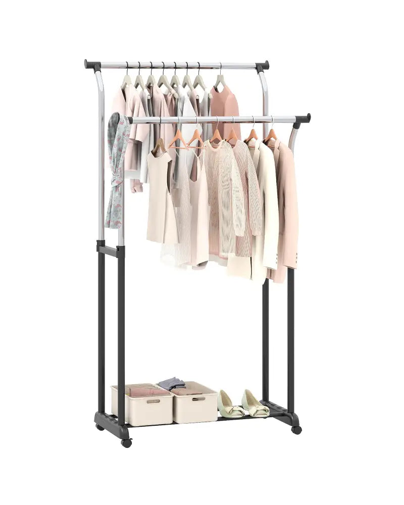 Rolling Clothes Rack Double Rod Garment Rack with Adjustable Height - Clothing & Closet Storage