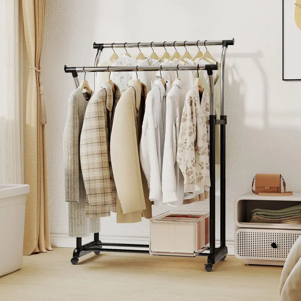 Rolling Clothes Rack Double Rod Garment Rack with Adjustable Height - Clothing & Closet Storage