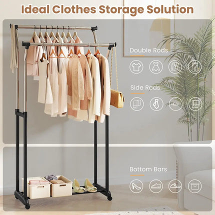 Rolling Clothes Rack Double Rod Garment Rack with Adjustable Height - Clothing & Closet Storage