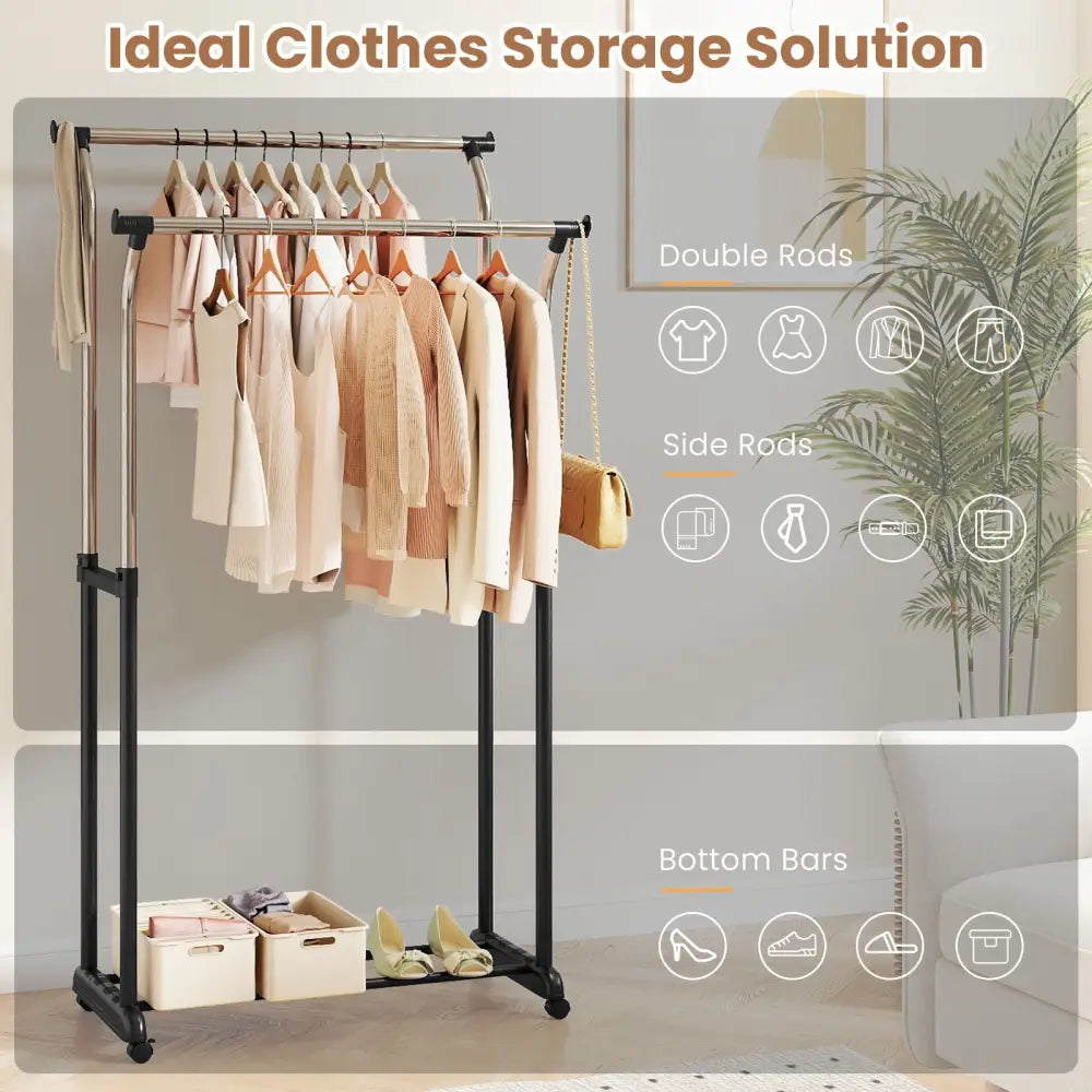 Rolling Clothes Rack Double Rod Garment Rack with Adjustable Height - Clothing & Closet Storage