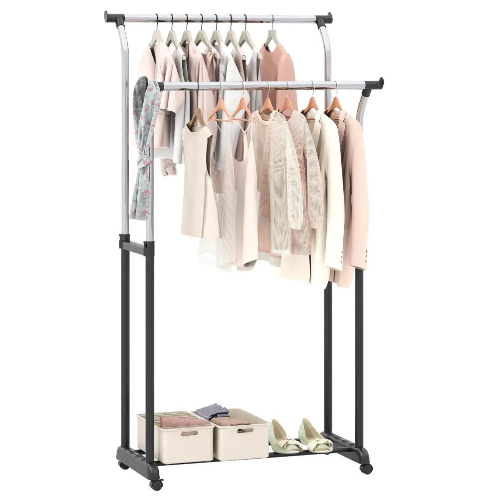 Rolling Clothes Rack Double Rod Garment Rack with Adjustable Height - Clothing & Closet Storage