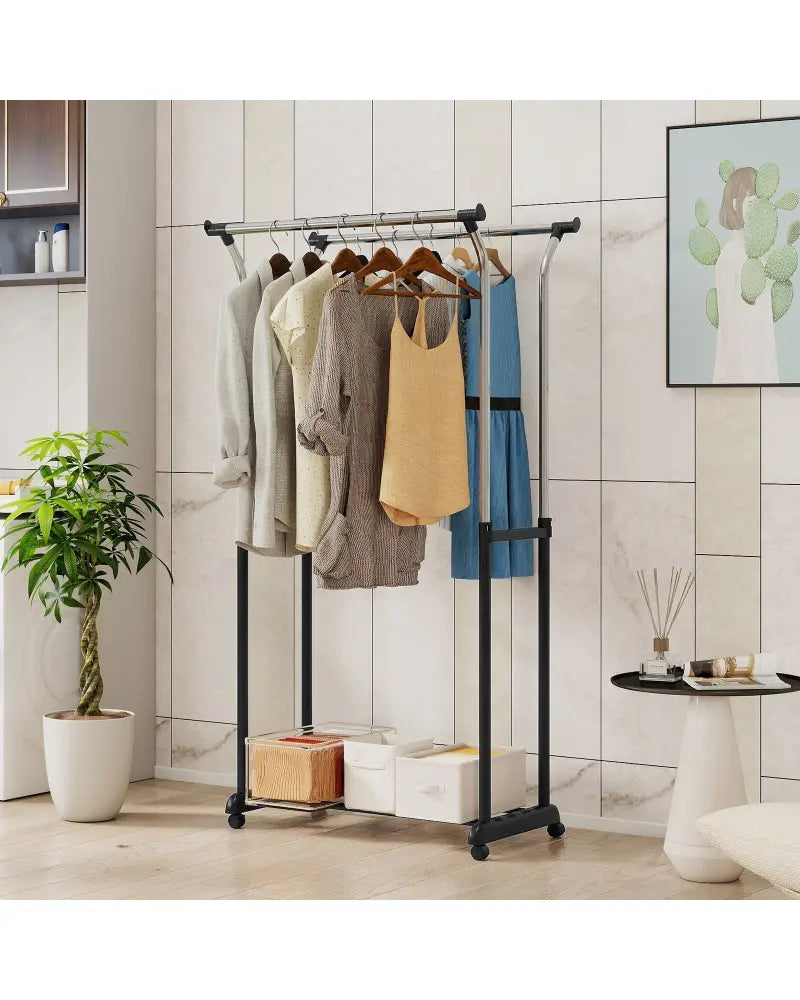 Rolling Clothes Rack Double Rod Garment Rack with Adjustable Height - Clothing & Closet Storage