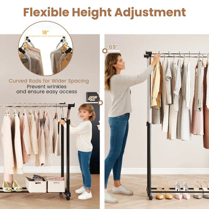 Rolling Clothes Rack Double Rod Garment Rack with Adjustable Height - Clothing & Closet Storage