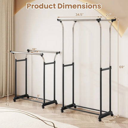 Rolling Clothes Rack Double Rod Garment Rack with Adjustable Height - Clothing & Closet Storage