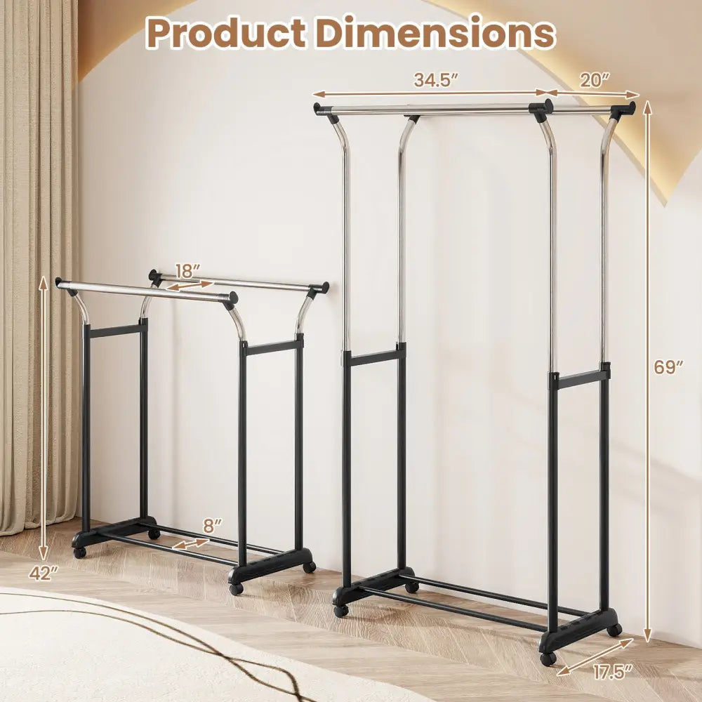 Rolling Clothes Rack Double Rod Garment Rack with Adjustable Height - Clothing & Closet Storage