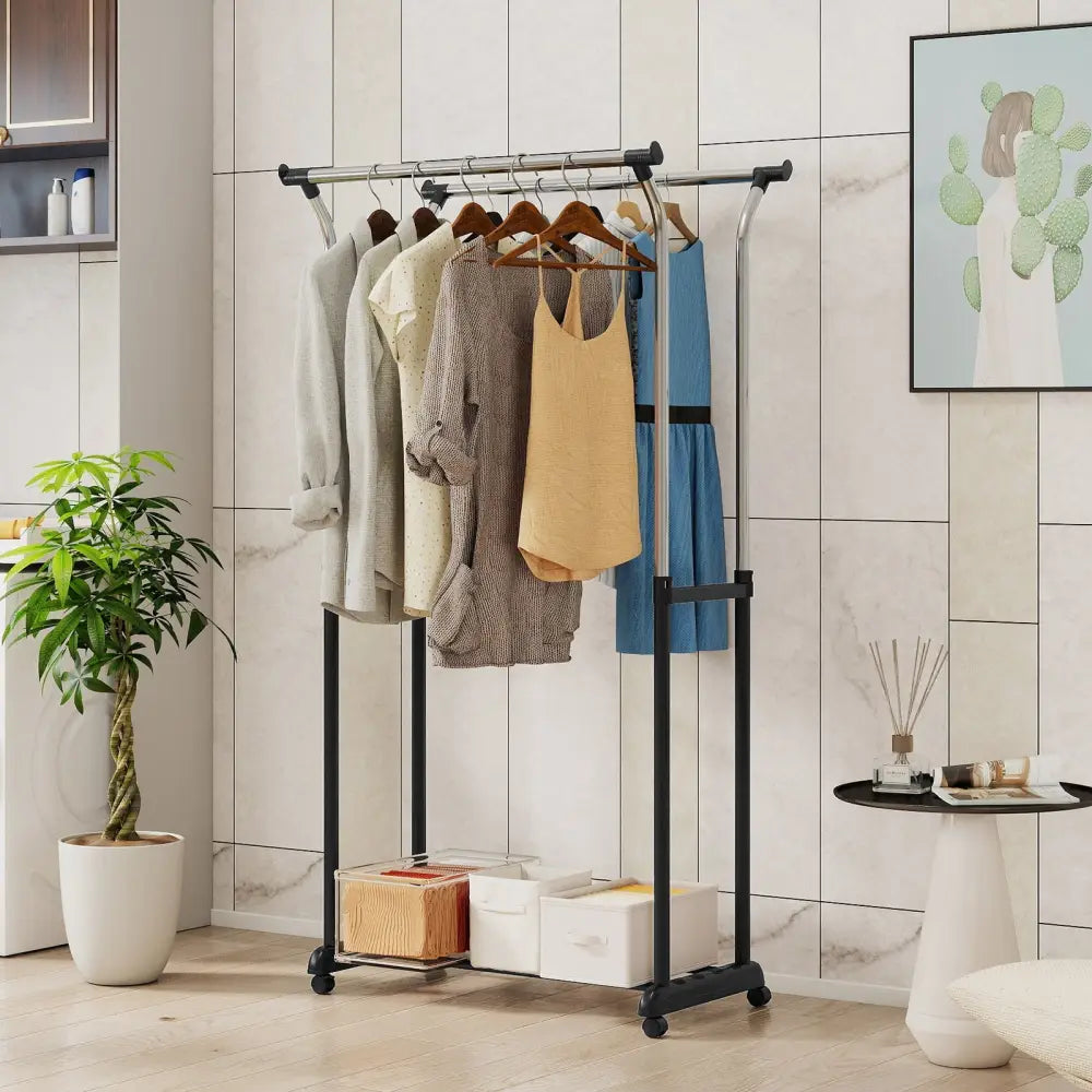 Rolling Clothes Rack Double Rod Garment Rack with Adjustable Height - Clothing & Closet Storage