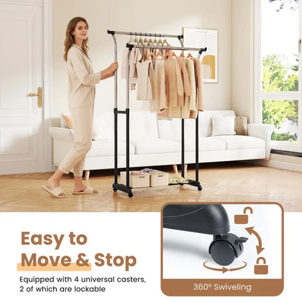 Rolling Clothes Rack Double Rod Garment Rack with Adjustable Height - Clothing & Closet Storage