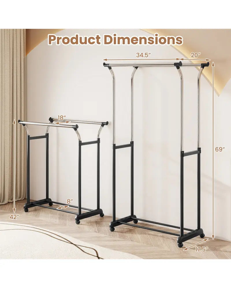 Rolling Clothes Rack Double Rod Garment Rack with Adjustable Height - Clothing & Closet Storage