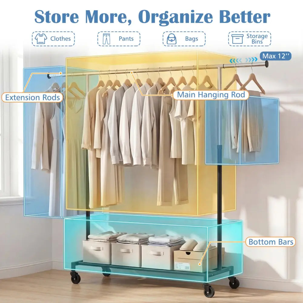 Rolling Clothes Rack Extendable Garment Stand for Hanging Clothes - Coat Racks & Hall Trees