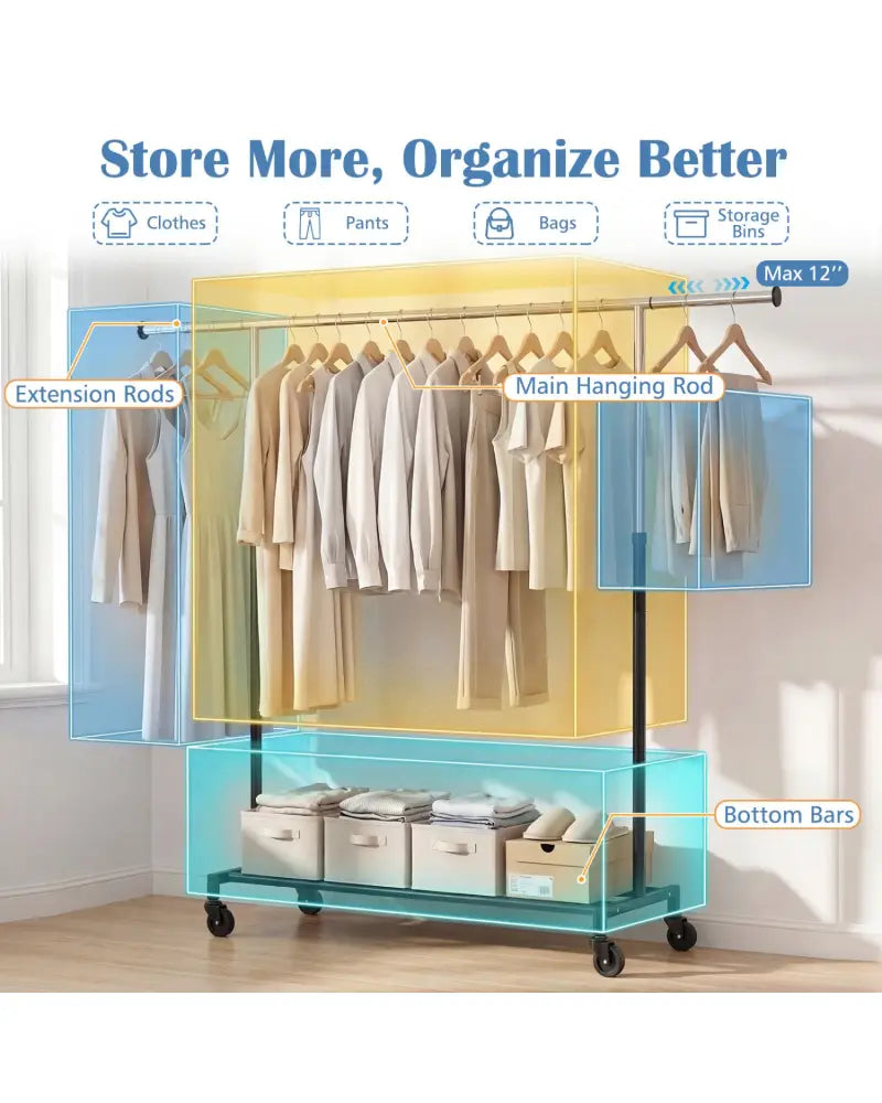 Rolling Clothes Rack Extendable Garment Stand for Hanging Clothes - Coat Racks & Hall Trees