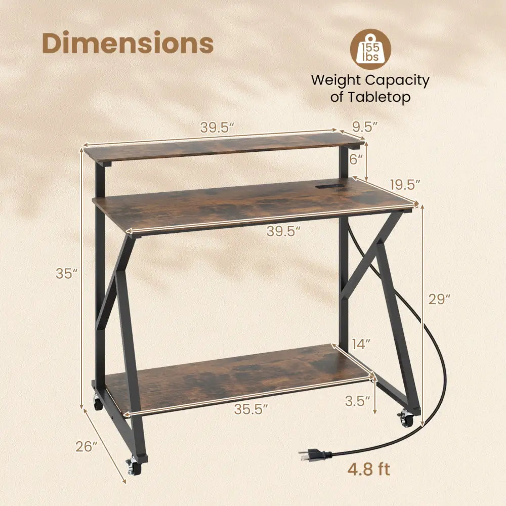 Rolling Computer Desk with Charging Station and Monitor Shelf Storage for Home Office-Rustic Brown - Rustic Brown