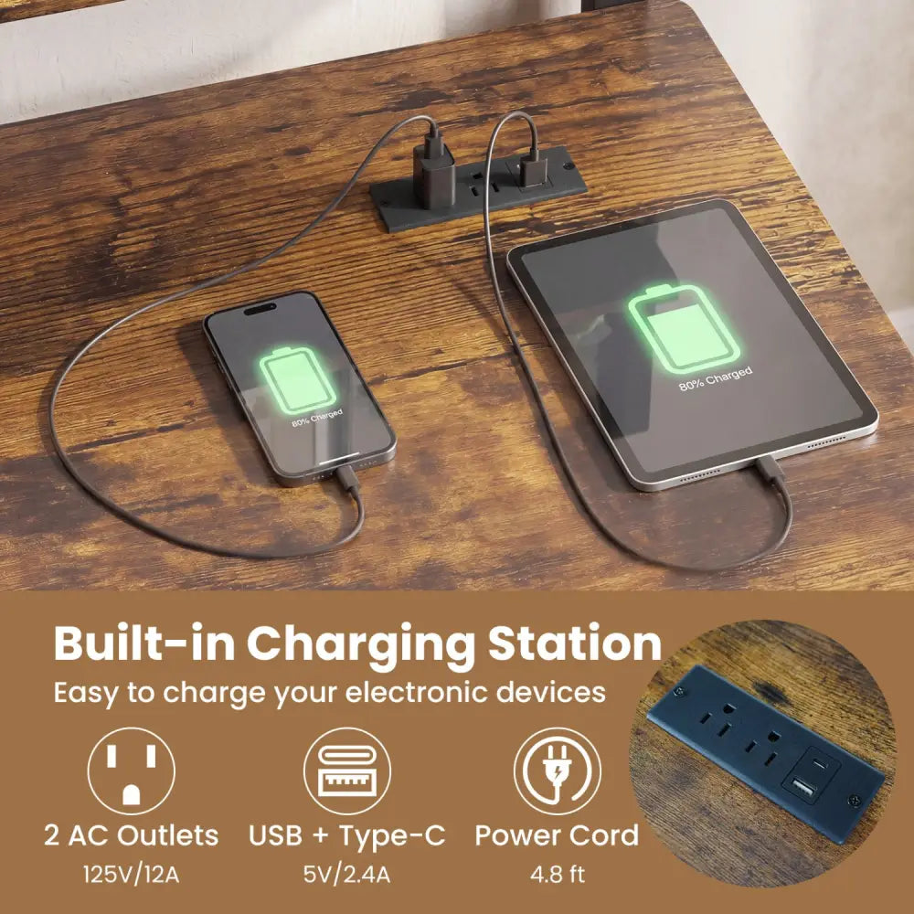 Rolling Computer Desk with Charging Station and Monitor Shelf Storage for Home Office-Rustic Brown - Rustic Brown