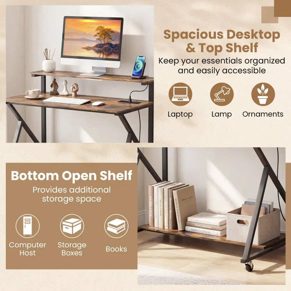 Rolling Computer Desk with Charging Station and Monitor Shelf Storage for Home Office-Rustic Brown - Rustic Brown