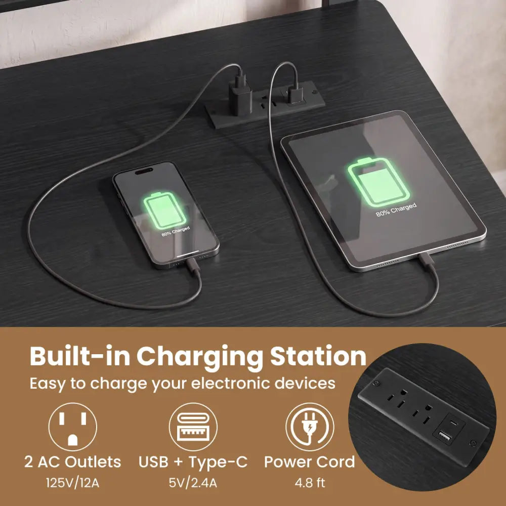 Rolling Computer Desk with Charging Station and Monitor Shelf Storage for Home Office-Black - Black - Computer Desks