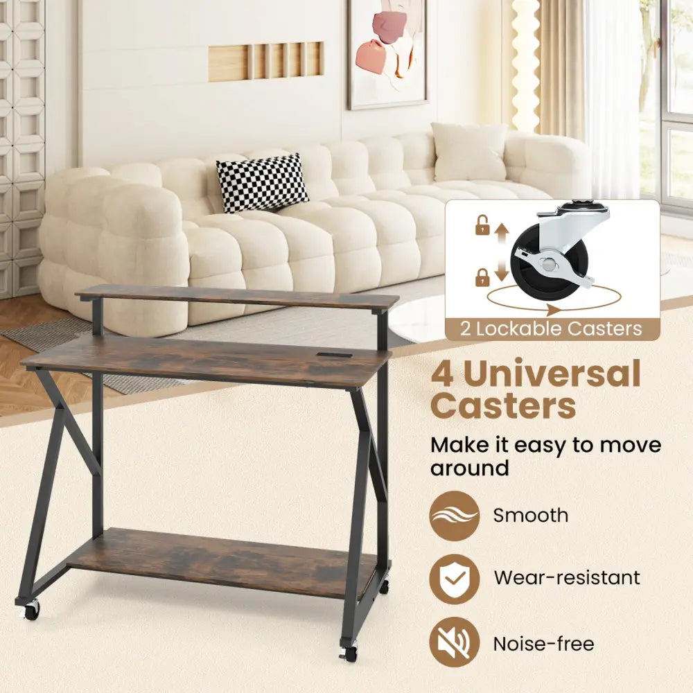 Rolling Computer Desk with Charging Station and Monitor Shelf Storage for Home Office-Rustic Brown - Rustic Brown