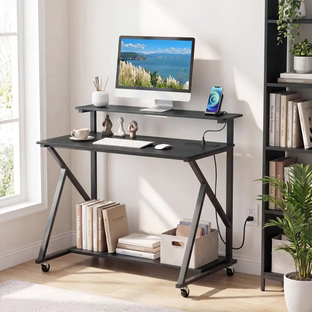 Rolling Computer Desk with Charging Station and Monitor Shelf Storage for Home Office-Black - Black - Computer Desks