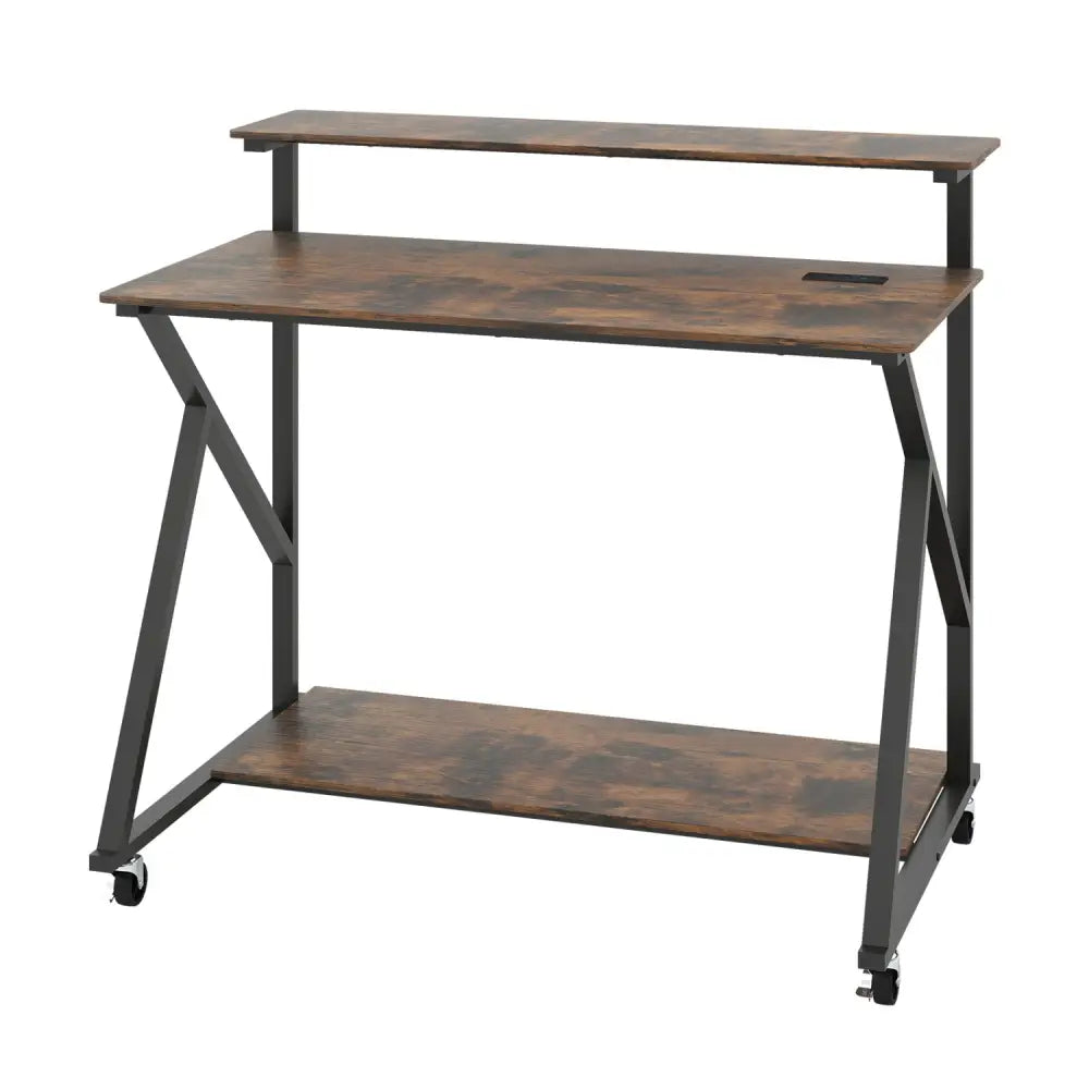 Rolling Computer Desk with Charging Station and Monitor Shelf Storage for Home Office-Rustic Brown - Rustic Brown