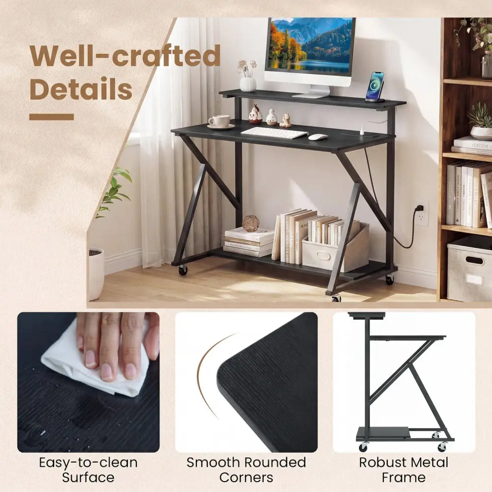 Rolling Computer Desk with Charging Station and Monitor Shelf Storage for Home Office-Black - Black - Computer Desks