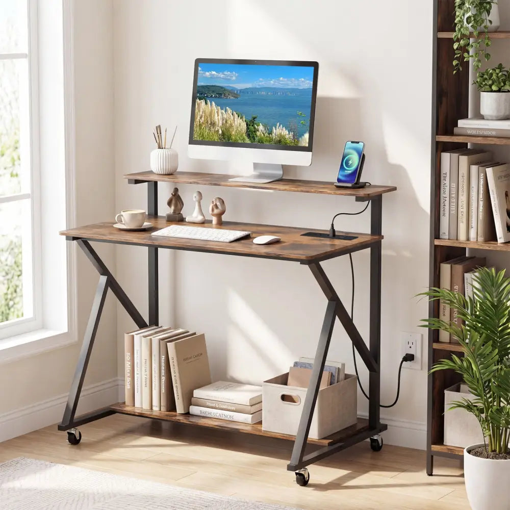 Rolling Computer Desk with Charging Station and Monitor Shelf Storage for Home Office-Rustic Brown - Rustic Brown