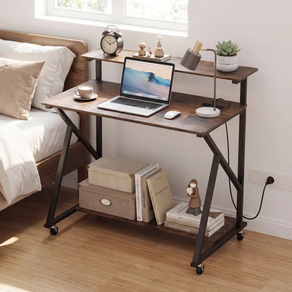 Rolling Computer Desk with Charging Station and Monitor Shelf Storage for Home Office-Rustic Brown - Rustic Brown