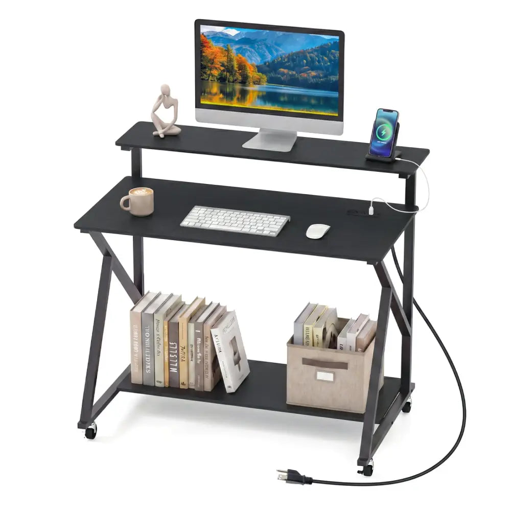 Rolling Computer Desk with Charging Station and Monitor Shelf Storage for Home Office-Black - Black - Computer Desks