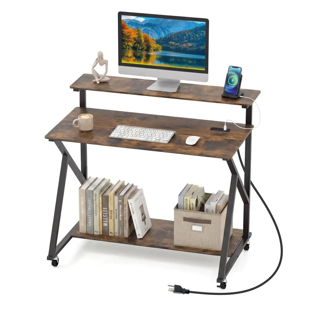 Rolling Computer Desk with Charging Station and Monitor Shelf Storage for Home Office-Rustic Brown - Rustic Brown
