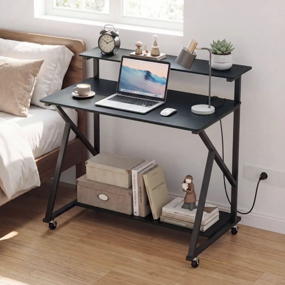 Rolling Computer Desk with Charging Station and Monitor Shelf Storage for Home Office-Black - Black - Computer Desks