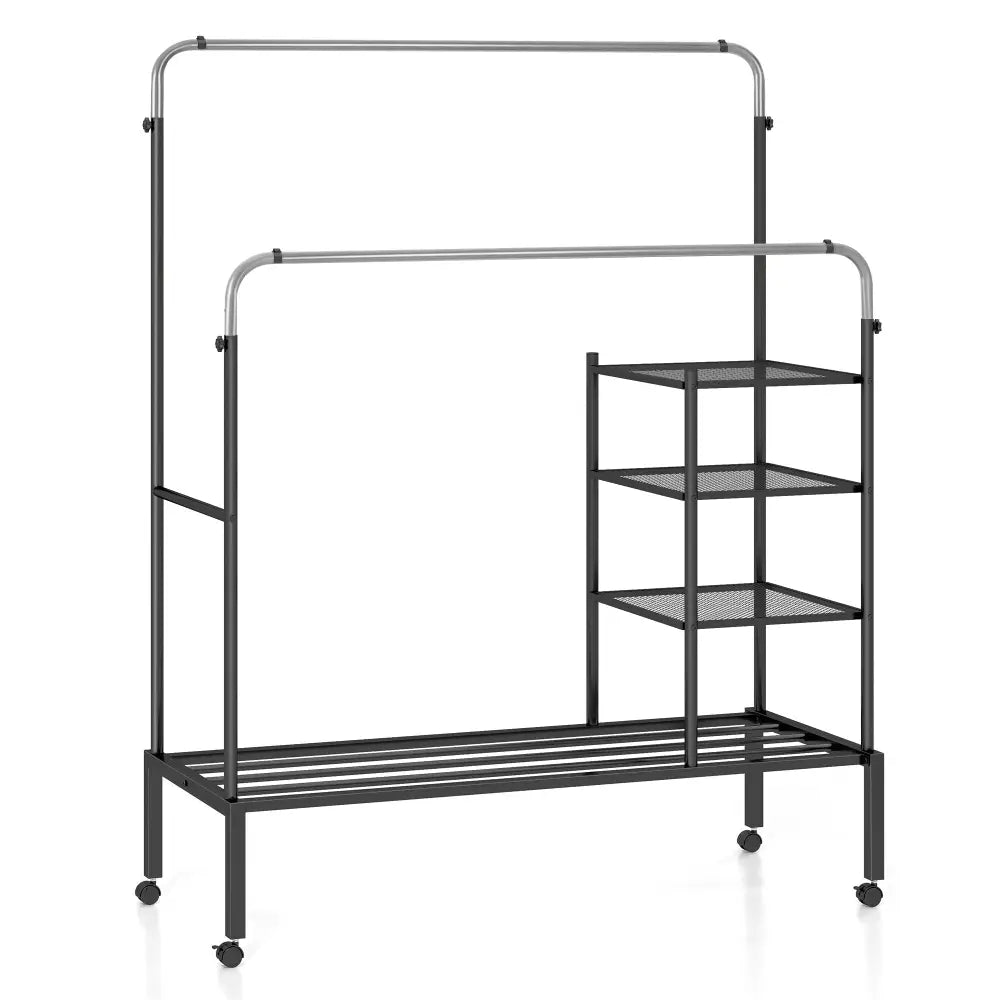 Rolling Double Rods Garment Rack with Height Adjustable Hanging Bars-Silver - Silver - Clothing & Closet Storage