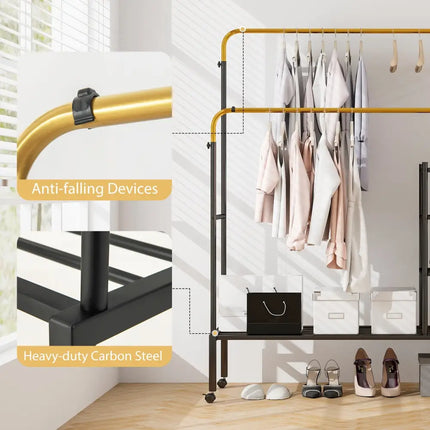 Rolling Double Rods Garment Rack with Height Adjustable Hanging Bars-Golden - Golden - Clothing & Closet Storage