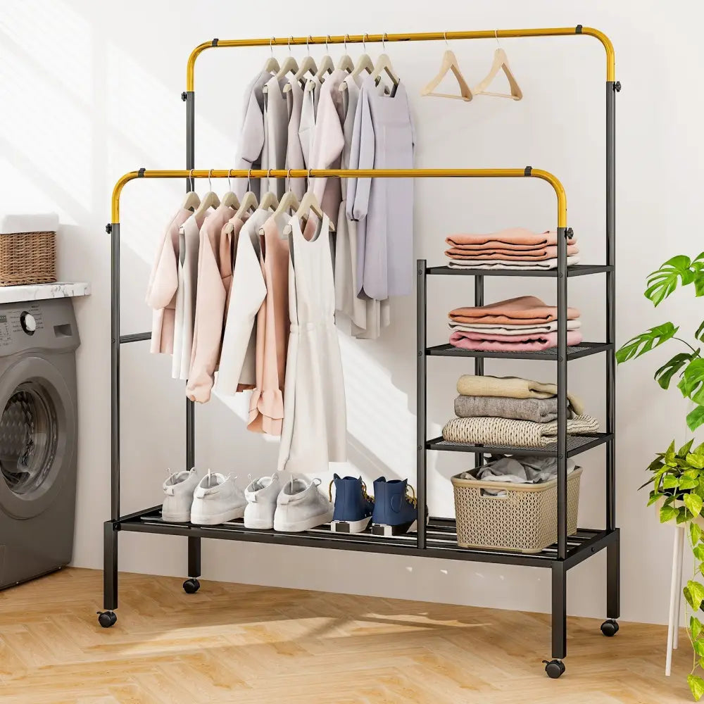 Rolling Double Rods Garment Rack with Height Adjustable Hanging Bars-Golden - Golden - Clothing & Closet Storage