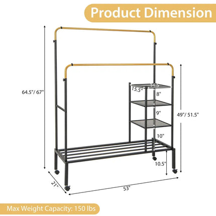 Rolling Double Rods Garment Rack with Height Adjustable Hanging Bars-Golden - Golden - Clothing & Closet Storage