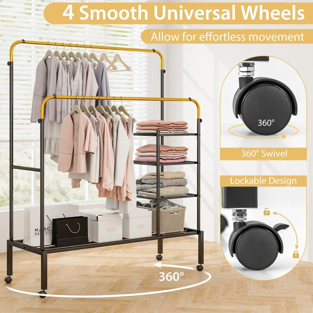 Rolling Double Rods Garment Rack with Height Adjustable Hanging Bars-Golden - Golden - Clothing & Closet Storage