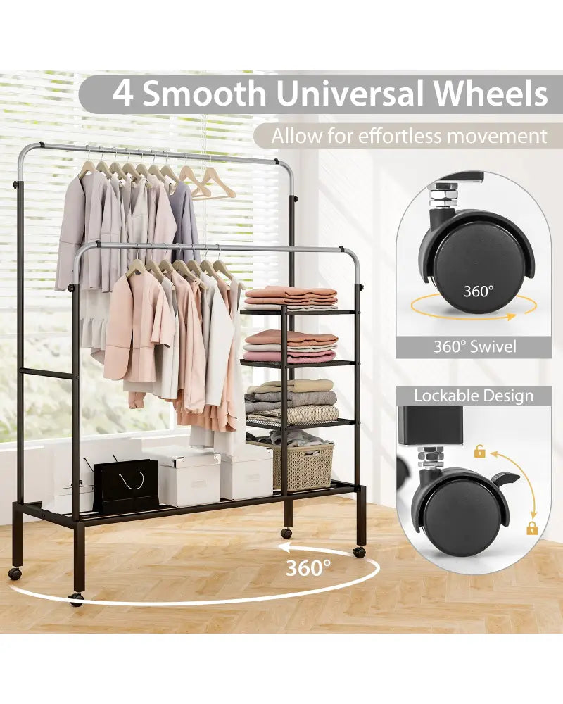 Rolling Double Rods Garment Rack with Height Adjustable Hanging Bars-Silver - Silver - Clothing & Closet Storage