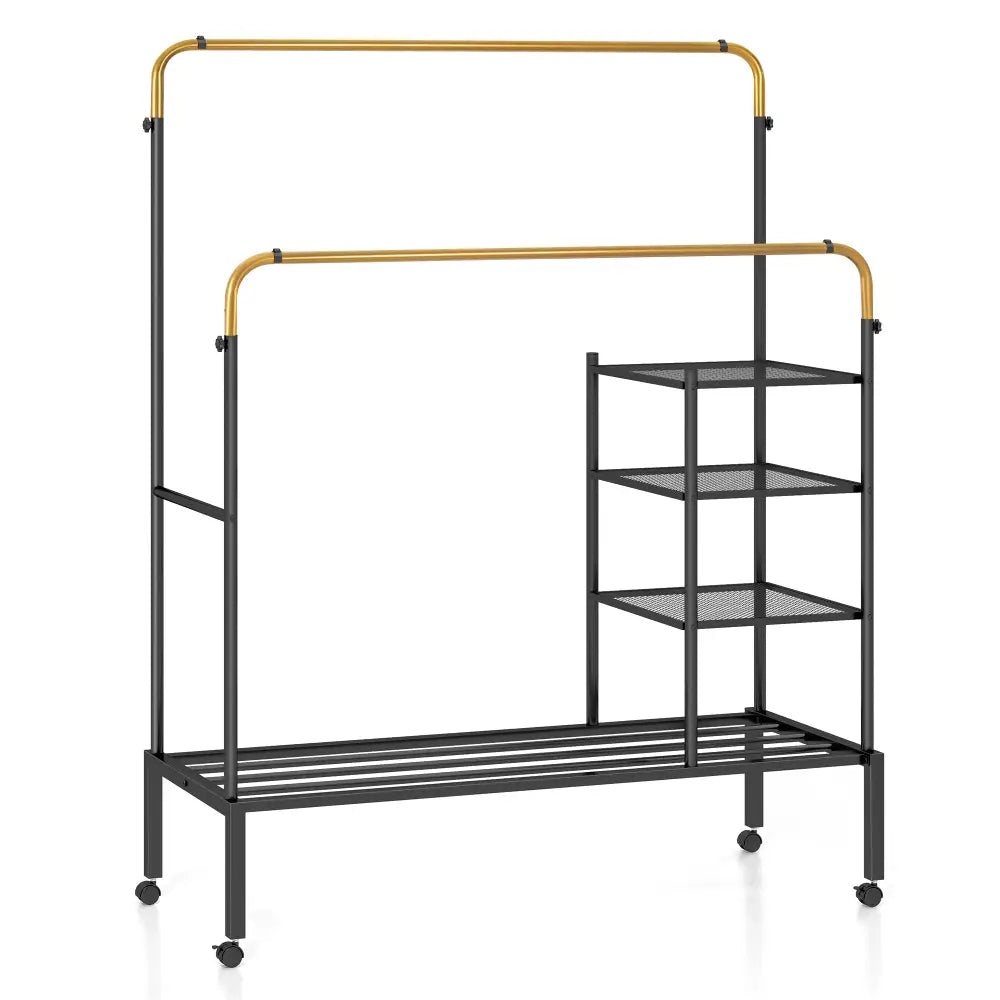 Rolling Double Rods Garment Rack with Height Adjustable Hanging Bars-Golden - Golden - Clothing & Closet Storage