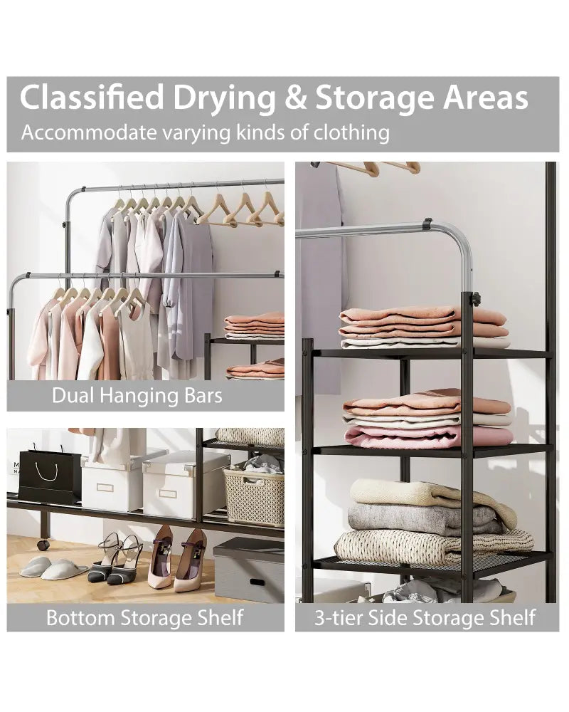 Rolling Double Rods Garment Rack with Height Adjustable Hanging Bars-Silver - Silver - Clothing & Closet Storage