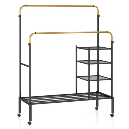 Rolling Double Rods Garment Rack with Height Adjustable Hanging Bars-Golden - Golden - Clothing & Closet Storage