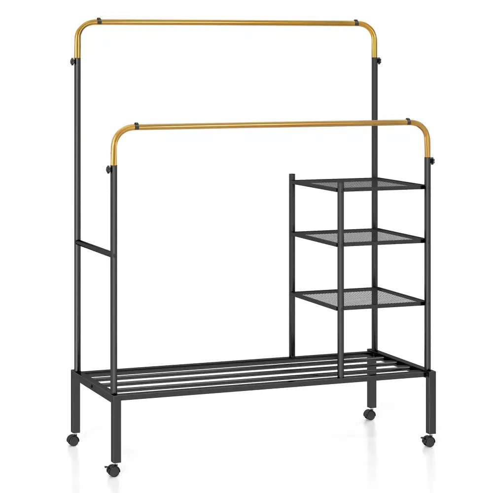 Rolling Double Rods Garment Rack with Height Adjustable Hanging Bars-Golden - Golden - Clothing & Closet Storage