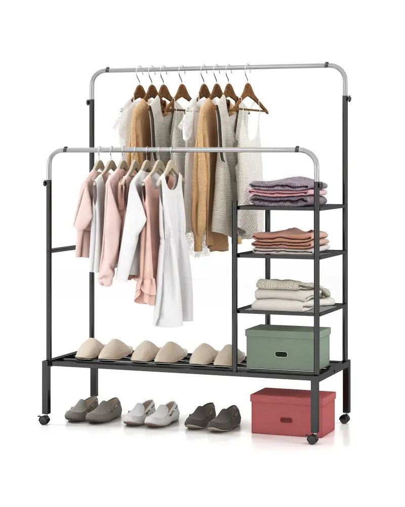 Rolling Double Rods Garment Rack with Height Adjustable Hanging Bars-Silver - Silver - Clothing & Closet Storage