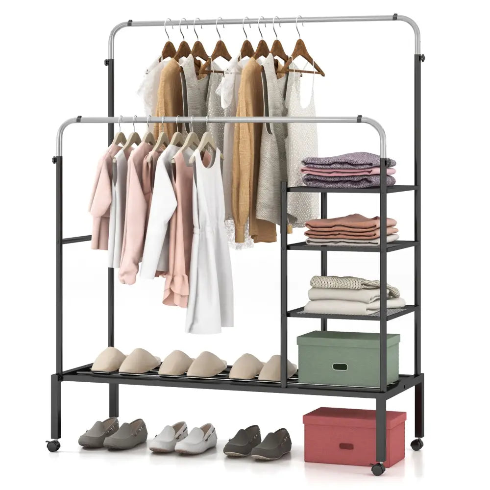 Rolling Double Rods Garment Rack with Height Adjustable Hanging Bars-Silver - Silver - Clothing & Closet Storage