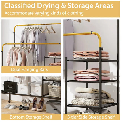 Rolling Double Rods Garment Rack with Height Adjustable Hanging Bars-Golden - Golden - Clothing & Closet Storage