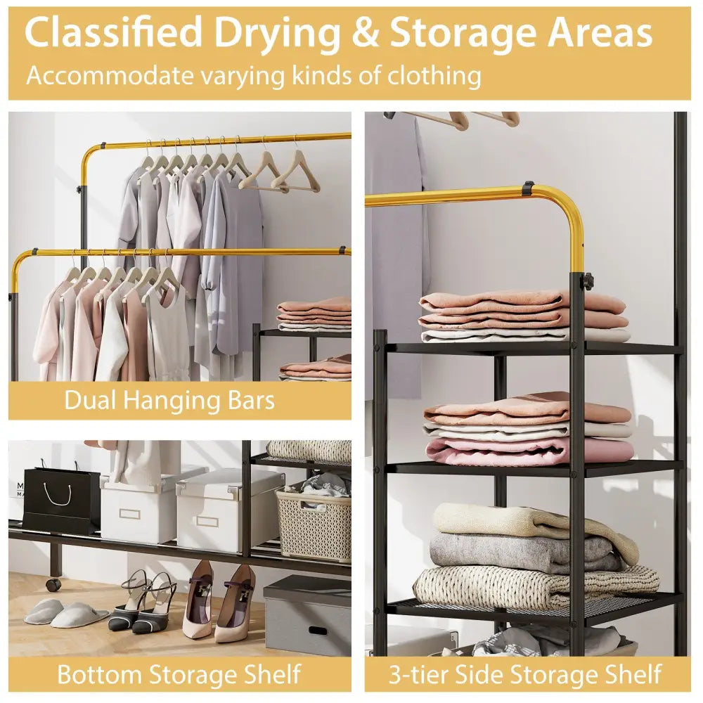 Rolling Double Rods Garment Rack with Height Adjustable Hanging Bars-Golden - Golden - Clothing & Closet Storage