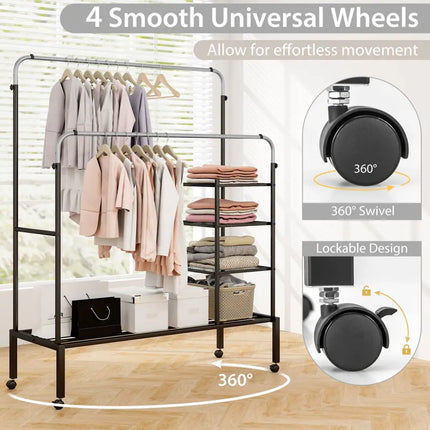 Rolling Double Rods Garment Rack with Height Adjustable Hanging Bars-Silver - Silver - Clothing & Closet Storage