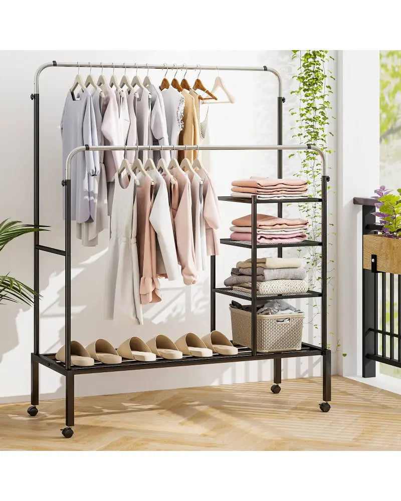 Rolling Double Rods Garment Rack with Height Adjustable Hanging Bars-Silver - Silver - Clothing & Closet Storage