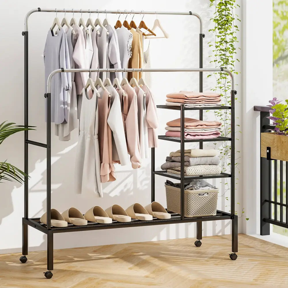 Rolling Double Rods Garment Rack with Height Adjustable Hanging Bars-Silver - Silver - Clothing & Closet Storage