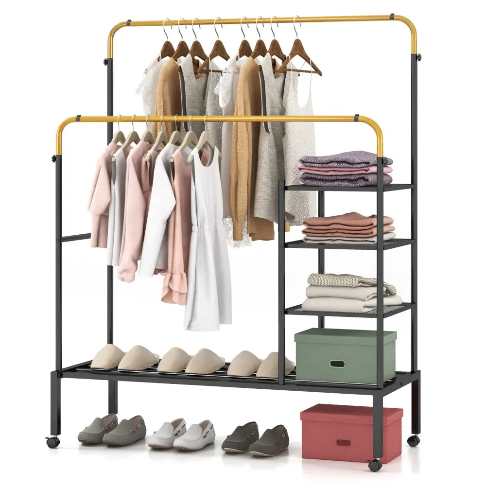 Rolling Double Rods Garment Rack with Height Adjustable Hanging Bars-Golden - Golden - Clothing & Closet Storage