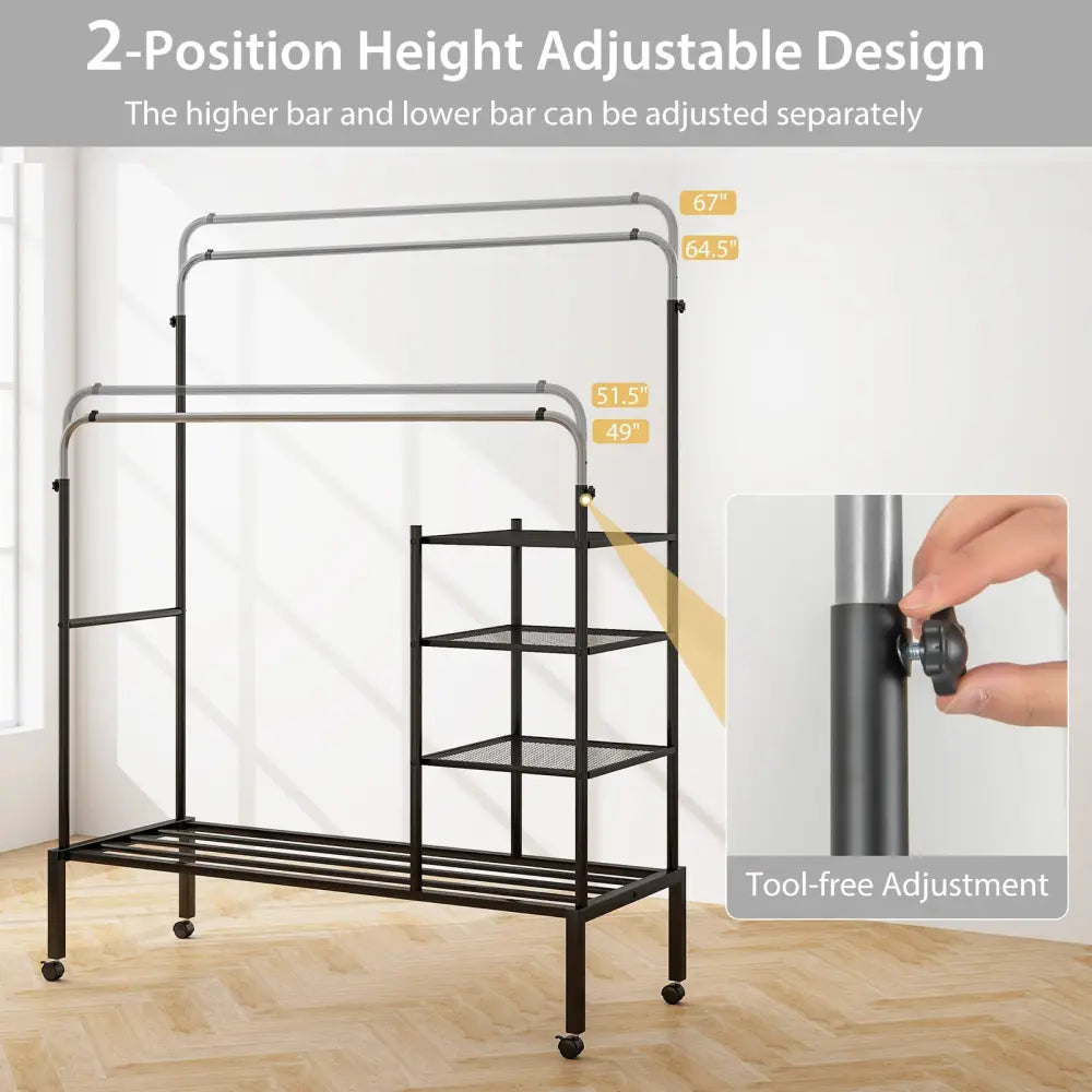 Rolling Double Rods Garment Rack with Height Adjustable Hanging Bars-Silver - Silver - Clothing & Closet Storage