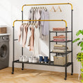 Rolling Double Rods Garment Rack with Height Adjustable Hanging Bars-Golden - Golden - Clothing & Closet Storage