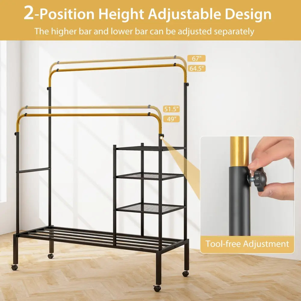 Rolling Double Rods Garment Rack with Height Adjustable Hanging Bars-Golden - Golden - Clothing & Closet Storage