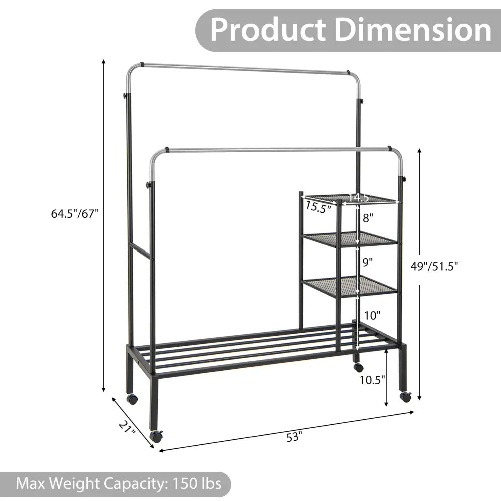 Rolling Double Rods Garment Rack with Height Adjustable Hanging Bars-Silver - Silver - Clothing & Closet Storage
