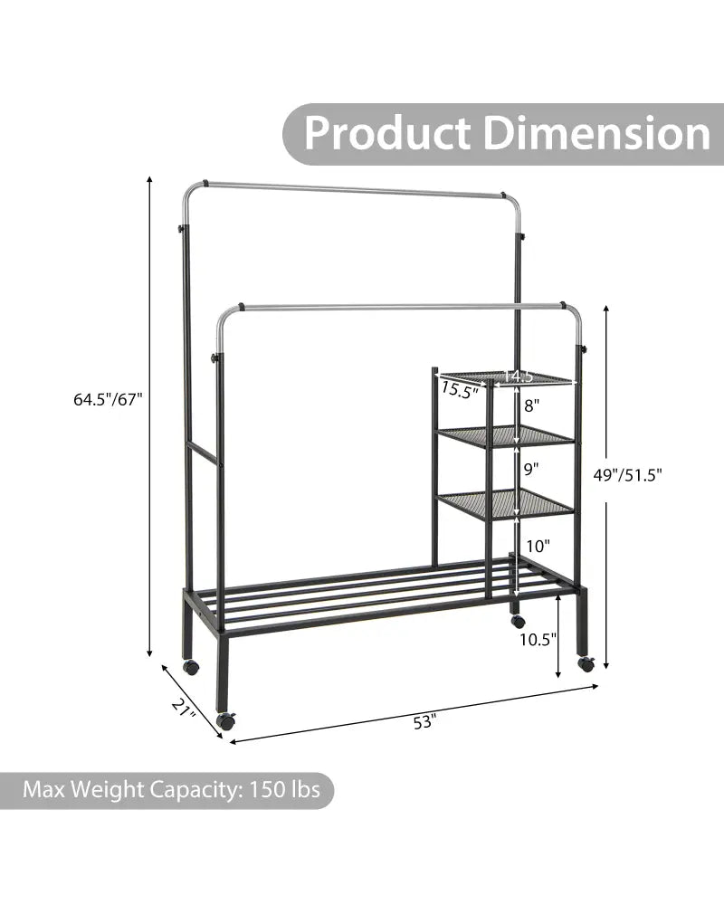 Rolling Double Rods Garment Rack with Height Adjustable Hanging Bars-Silver - Silver - Clothing & Closet Storage